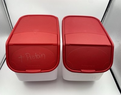Two Tupperware Modular Mate Access Mate Storage Containers Red Hinged Lid