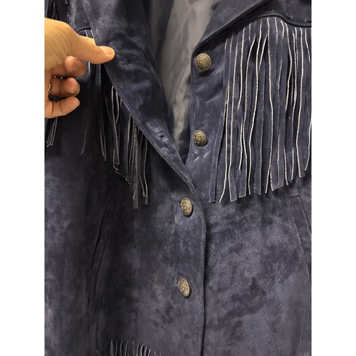 Back in the Saddle Navy Blue Suede Fringe Jacket Western Style Size L - Picture 6 of 7