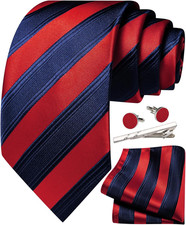 Mens Striped Tie and Pocket Square Set Silk Necktie Handkerchief Cufflinks Tie C