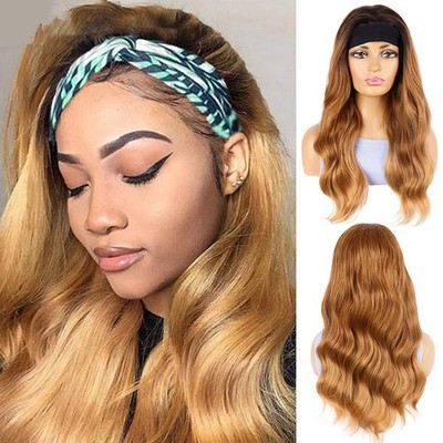 Black to Brown Ombre Long Wavy Curly Ice Silk Headband Synthetic Wig Heat