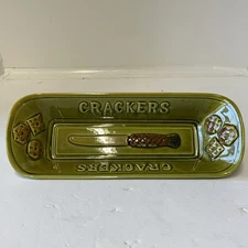 Vintage 1969 Ceramic Cracker Server LA Potteries Avocado Green 12X4.75 Has Chip