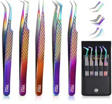 5 Pcs Fiber-Tip Japanese Steel Lash Tweezer Set with Leather Case, Profession...