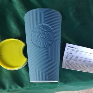 Starbucks Blue Textured Plastic Tapered Tumbler Cup w/ Yellow Lid, Logo
