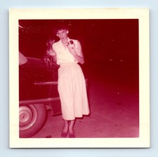 Old Vintage Square Color Photo SOLO WOMAN IN DRESS AND DOG CLASSIC CAR PIC