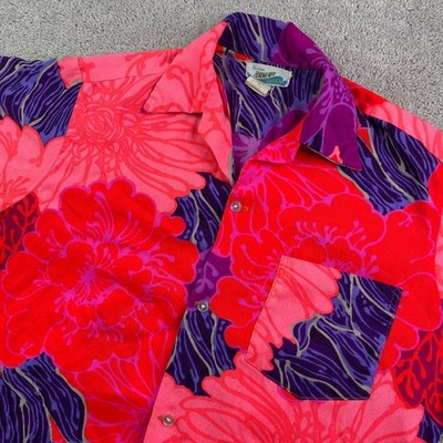 Vintage Penneys Hawaii Shirt Mens Medium Pink Purple Floral Aloha Hawaiian 70s