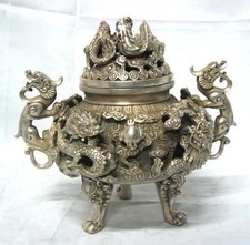 Antique Tibet Silver Nine Dragon Censer Old Stamp Tripod Incense Burner Statue