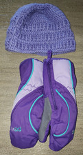 girls PURPLE GLOVES HEAD zipper sides small knit beanie hat warm 