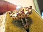 estate 14K Pearl / 1940's Garnet Ring w/ Florentine Finish — photo 9