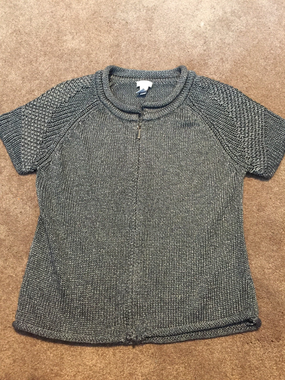 Womens Chico’s Gray Silver Metallic Cardigan Sweater Size 1 Zipper