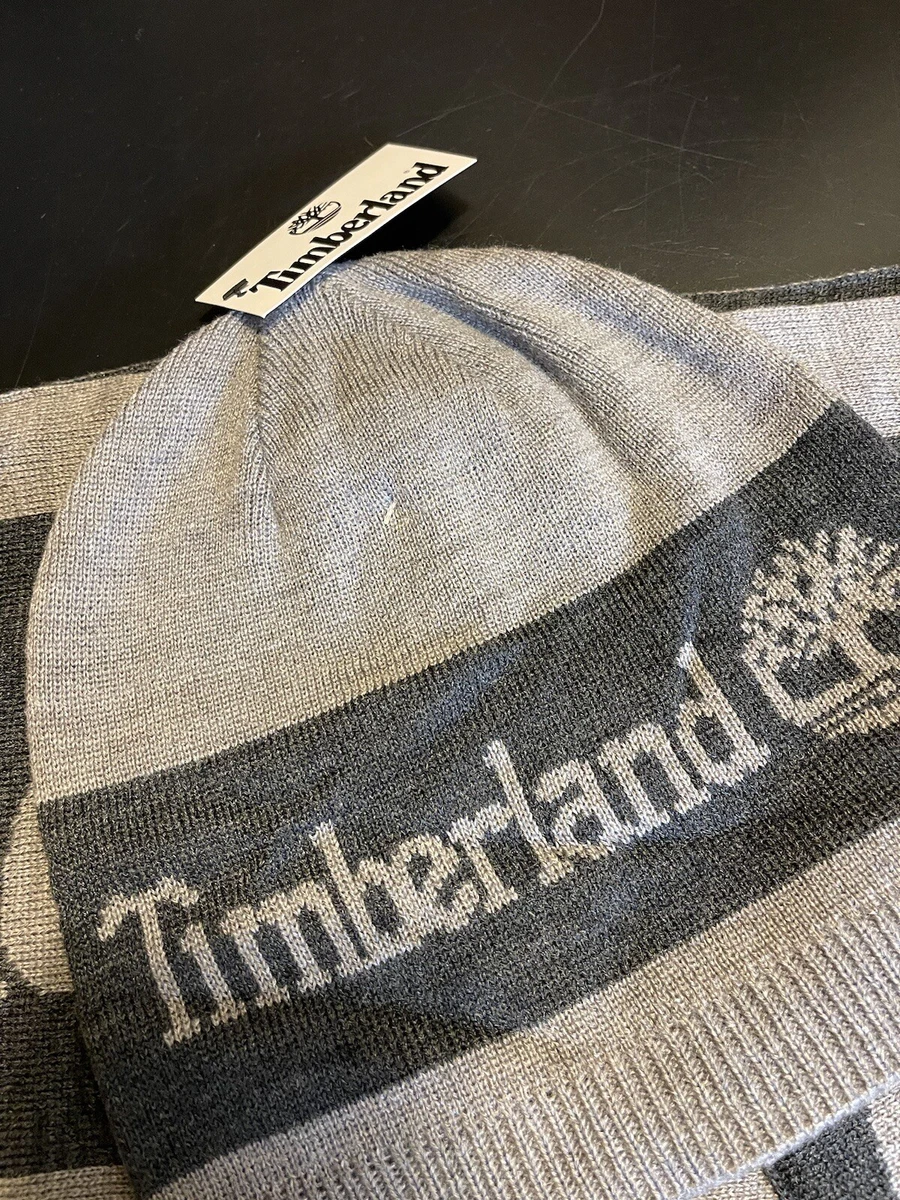 Timberland Gray Matching Beanie Hat & Scarf Set Spellout Brand New In