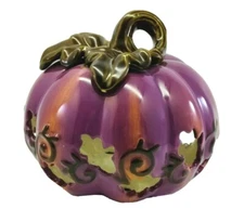 Ceramic Purple Pumpkin Oak Tree Leaves  Cutouts Fall Halloween Decor