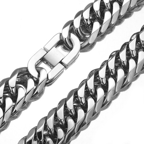 HEAVY 19/21mm Silver Cut Curb Cuban Link Chain 316L Stainless Steel Men Necklace - Afbeelding 1 van 5