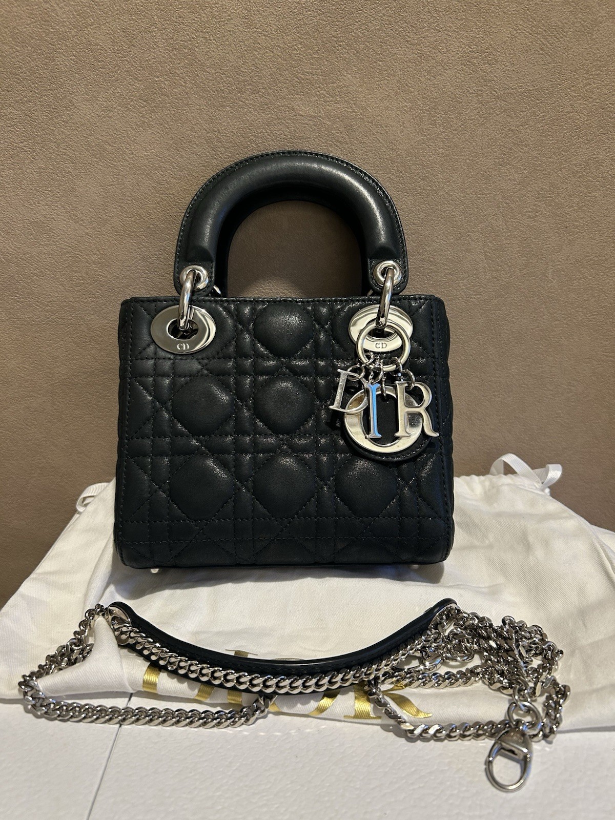 Christian Dior Mini Lady Dior In Pearly Black Leather