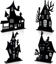 4 Pieces Halloween Table Decorations Haunted House Wooden Block Sign