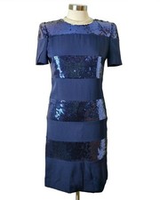 Carolina Herrera Blue Sequin Dress 8 Elegant Cocktail Party Sheath Striped