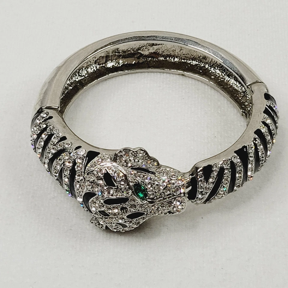 Brazalete abrazadera tigre esmalte diamantes de imitación tono plata ojos verdes LEER Foto 2 de 4