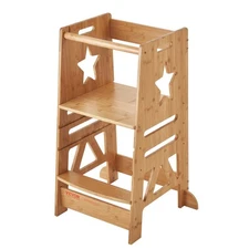 3-Level 350lb Bamboo Step Stool & Standing Tower with Safety Rail