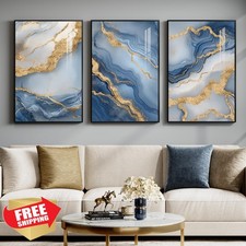 Large Framed Wall Art 3 Pc Blue Gold White Abstract 24x36