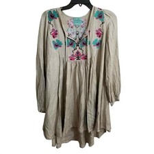 Judith March Womens Beige Embroidered Bird Floral Boho Mini Dress Size Medium