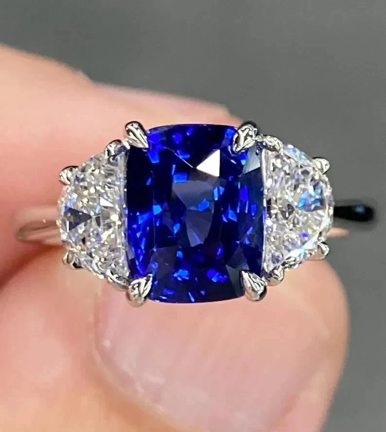 Anillo de boda de diamantes y tanzanita natural de 4,50 quilates anillo de platino sólido 950 Foto 2 de 4