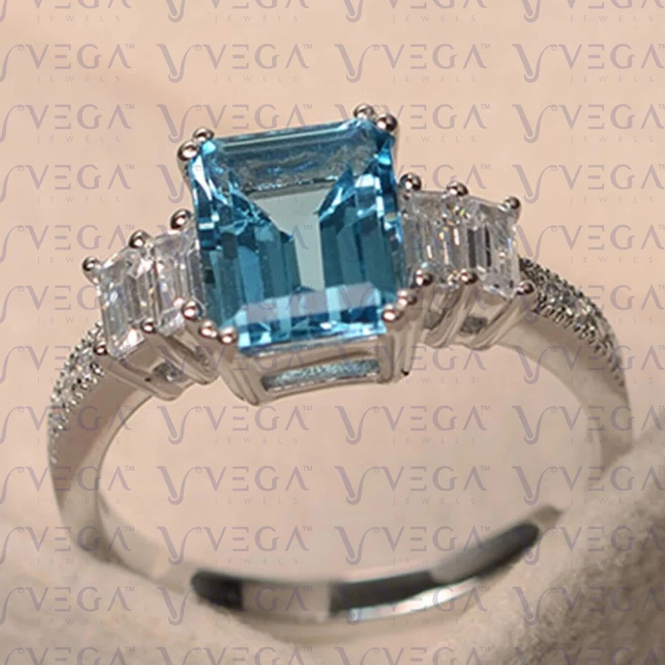 4.50Carat Emerald Cut Natural Topaz and Diamond Prong Ring 950PT Platinum Plated - Image 2 of 4