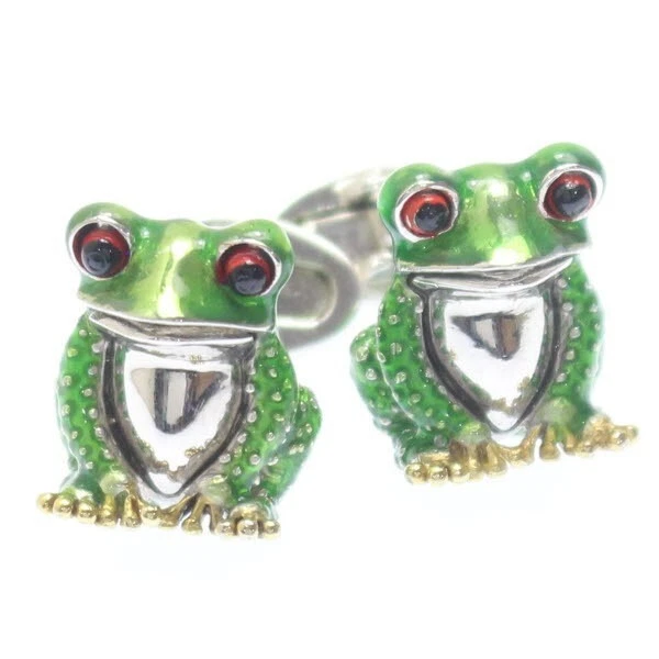 Jan Leslie Green Frog Cufflinks Silver 925 Enamel 18mm x 15mm with Box Unused - Изображение 2 из 4