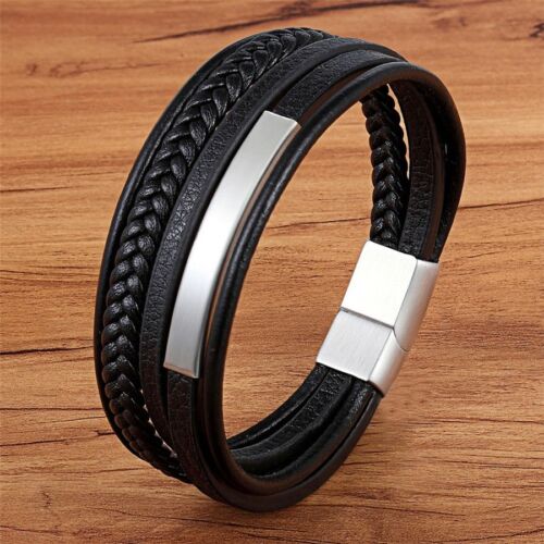 Multi-layer Hand-woven Leather Stainless Steel Bracelet DIY Size Carve Bracelet - Picture 1 of 15