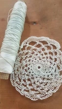 ANTIQUE PALEST BLUE SILK CROCHET DOILY UNFINISHED W SPOOL of THREAD