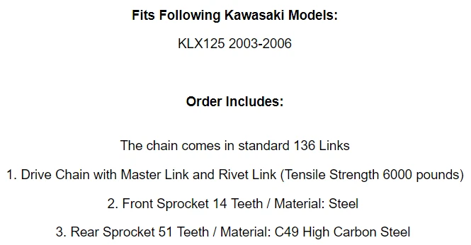 Kit de cadena de transmisión y piñones para Kawasaki KLX125 2003 2004 2005 2006 Foto 2 de 2