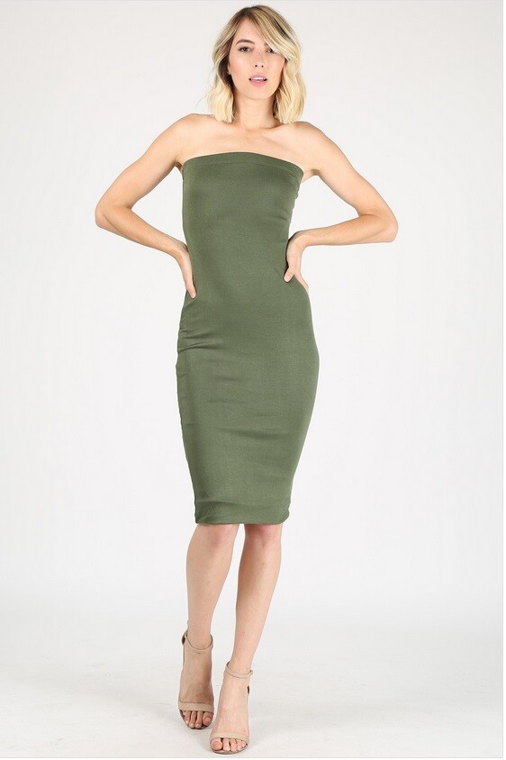 SEXY STRAPLESS TUBE BODYCON SLIM FITTED PENCIL MIDI KNEE LENGTH DRESS  CLUBWEAR | eBay