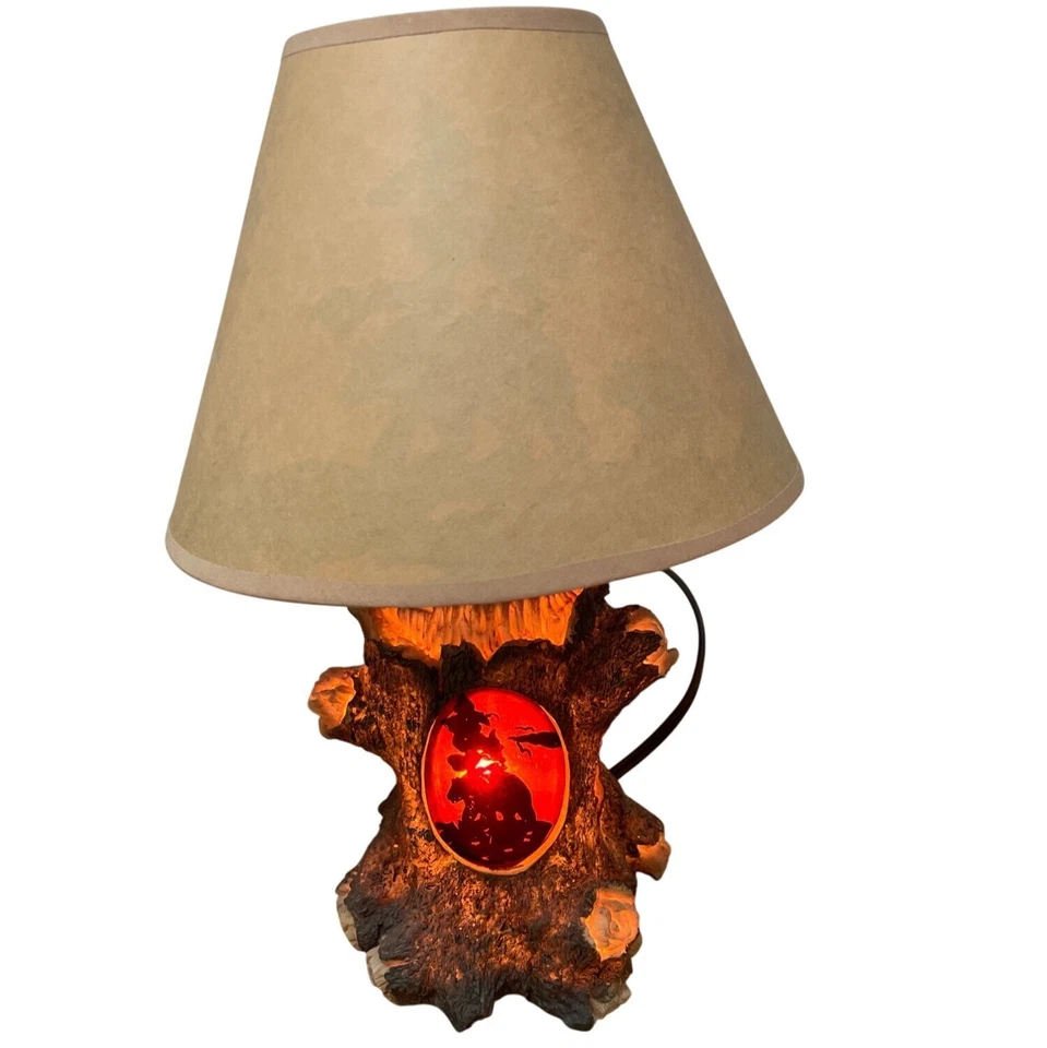 Rustic Tree Table Lamp w Bear Scene Cutouts Amber Glow Shade Lodge Cabin Decor - Image 3 of 4