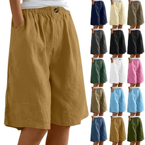 Cotton Linen Shorts Women Casual Wide Leg Loose Fit Knee Length Workout Shorts