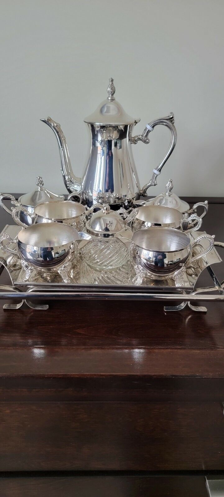 15 PIECE COMPLETE COFFEE TEA SILVER PLATED SET KETTLE CUP TRAY CREAM SUGAR SPOON