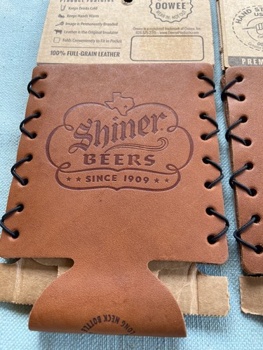 Soporte para botella de cuero real Shiner Beer Koozie cosido a mano marca EE. UU. - Imagen 2 de 12