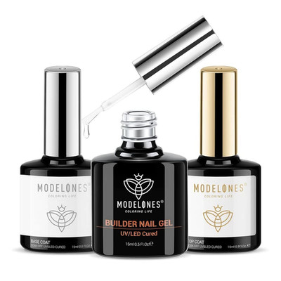 Modelones Builder Nail Gel with Gel Top Coat, 3Pcs Clear Builder Nail Kit for Th