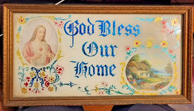 Vintage Beautiful Ornate 1930s Foil Art Wall Hanging God Bless Our Home 