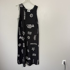Vintage Gauze Maxi Dress Women Size M Black Fish Print Sleeveless Beach Vacation