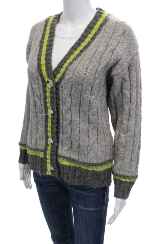 Cárdigan suéter gris verde pequeño Line + Dot para mujer con botones delanteros a rayas Foto 3 de 4