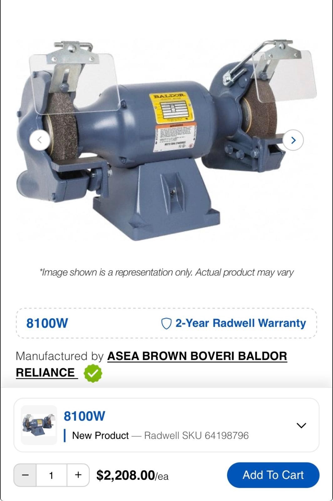 Baldor 8102W Bench Grinder 8" Wheel, 3/4HP, 1500/1800RPM, 20