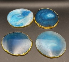 Set of 4 Blue Agate Slice Coasters Gold Tone Edge Decorative Stone 8cm