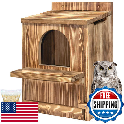 Large Owl House with Wood Shavings- Durable Carbonized Pine Wood Owl Box for Out