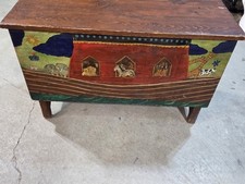 Vintage 70s Noah&rsquo;s Ark Toy Box Wood Handmade Carved Painted Chest Hinge Lid USA