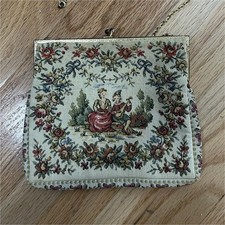 Vintage French Tapestry Victorian Evening Bag with Chain Beige Multi-Color