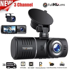 TOGUARD 3 Channel 1080P Dash Cam Front Rear Inside Triple Car Camera NightVision