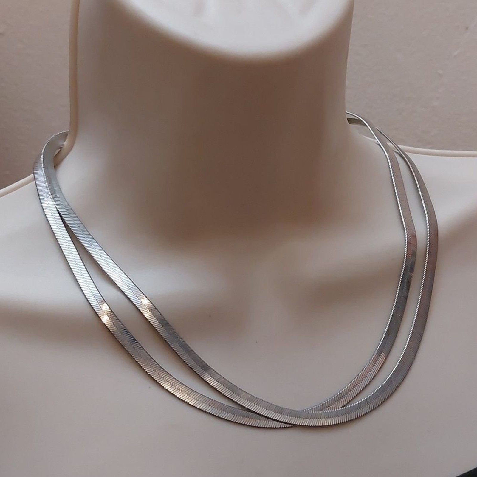 Double Strand Flat Herringbone Chains Silver Tone… - image 3