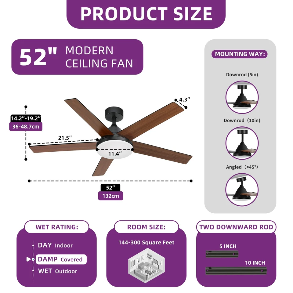52" Ceiling Fan 5 Reversible Dual Finish Blades w/Quiet DC Motor for Living Room - Image 3 of 4