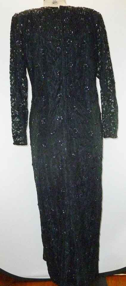 Fashion House XL Evening Dress Black Beaded Long Gown Vintage Silk Formal Party - Image 4 of 4