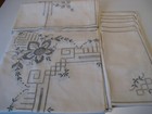 Vintage Embroidered Cotton Tablecloth &  Six Napkins, Gray Embroidery