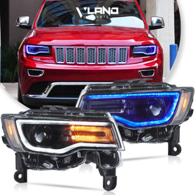 Pair VLAND Full LED Headlight For 2014-2022 Jeep Grand Cherokee Blue DRL Startup