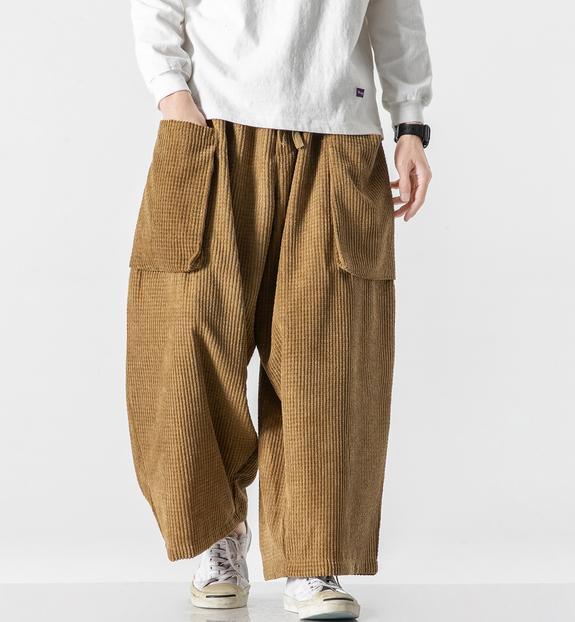 Men Corduroy Wide Leg Pants Japanese Loose Fit Pockets